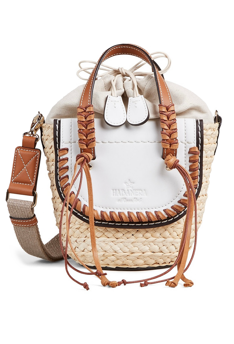A mini basket bag with white leather flaps, brown cord detailing, and two small leather handles and a crossbody strap. Transparent background.