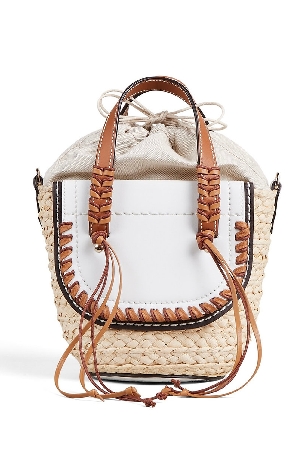 The back of a mini basket bag with white leather flaps, brown cord detailing, and two small leather handles and a crossbody strap. Transparent background.