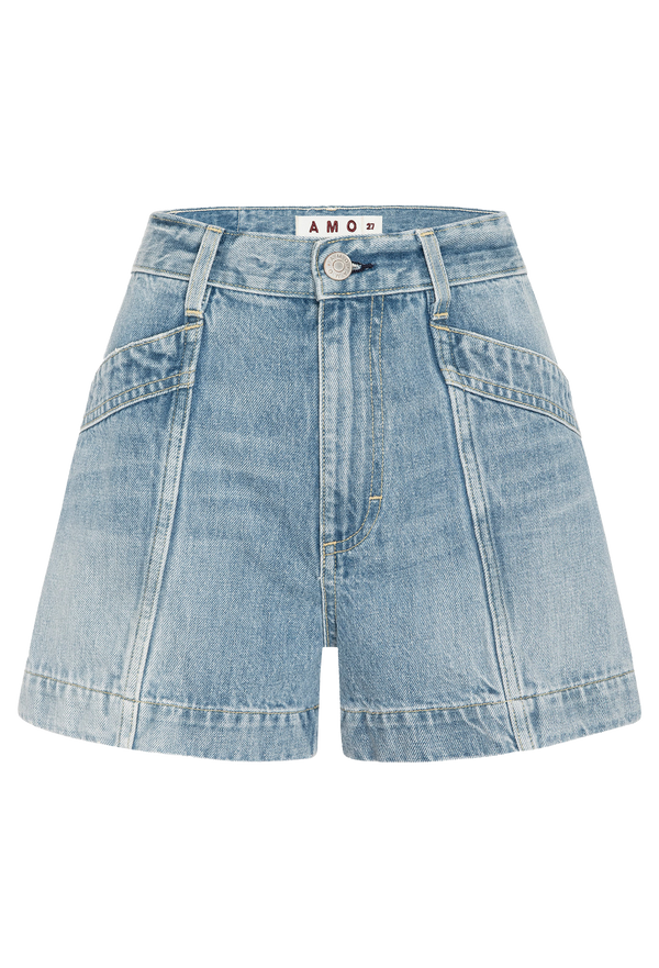 Blue jean shorts with a tag reading amo 27. Transparent background.
