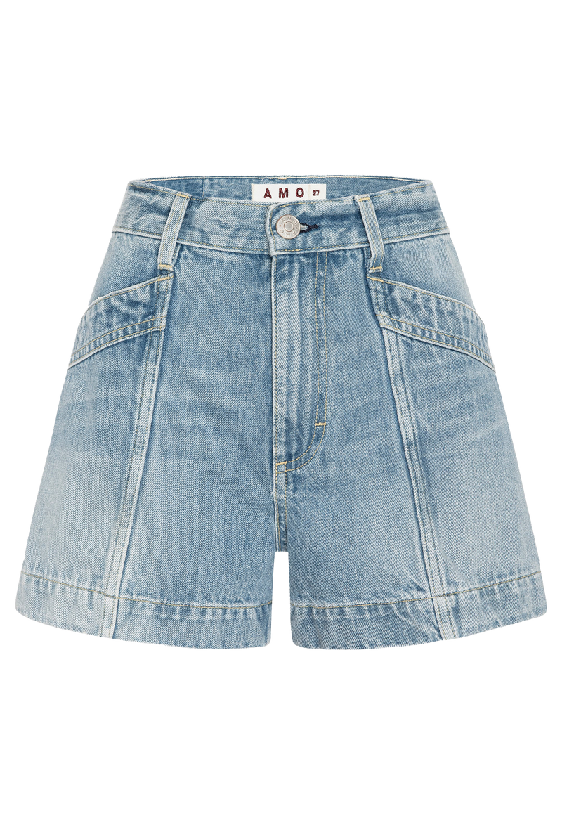 Blue jean shorts with a tag reading amo 27. Transparent background.