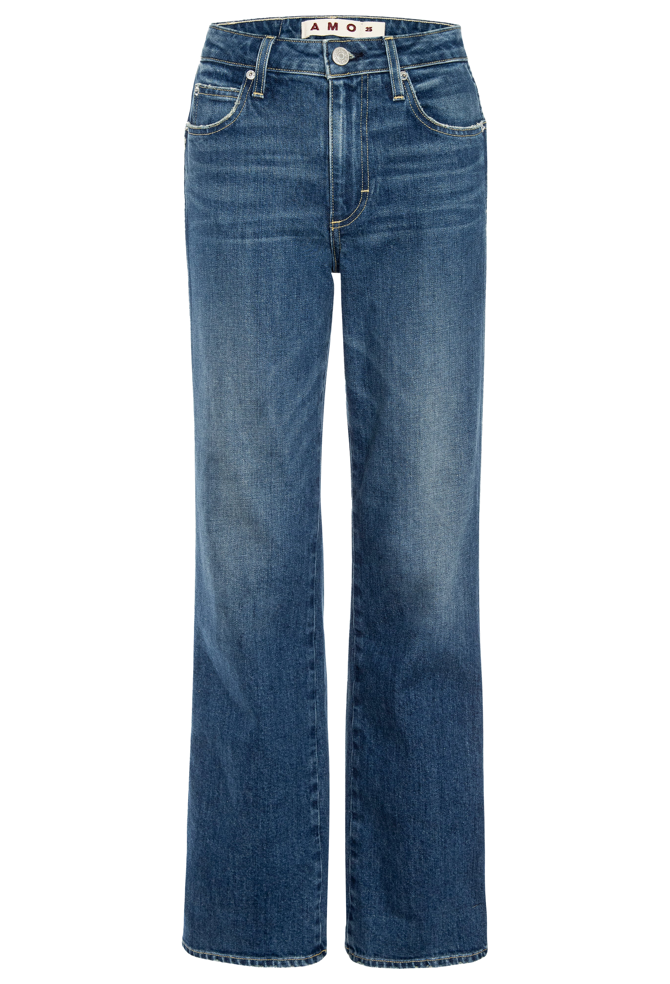 A pair of blue jeans with amo on the tag. Transparent background.