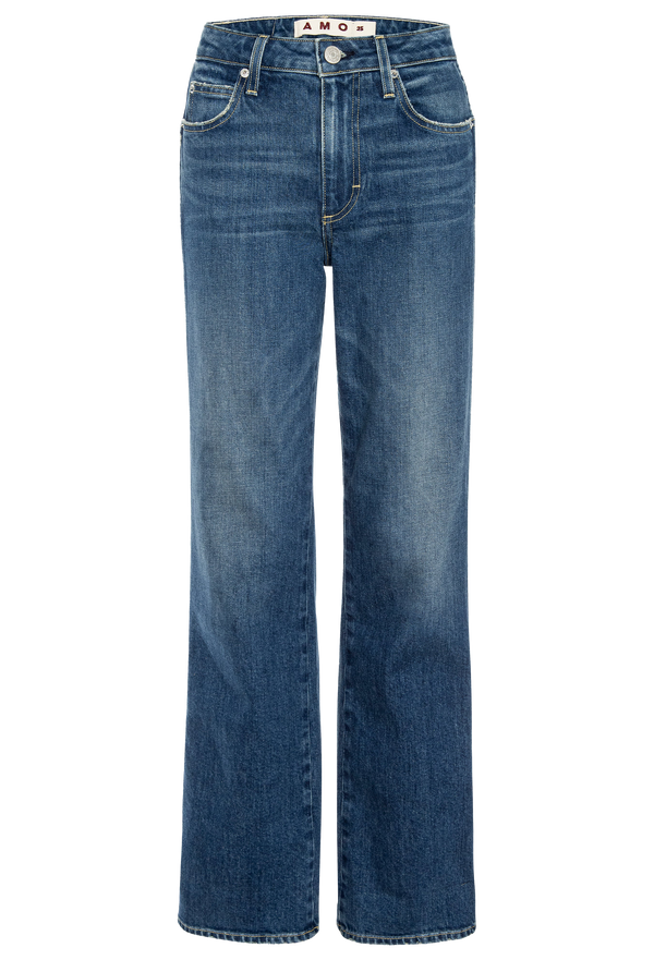 A pair of blue jeans with amo on the tag. Transparent background.