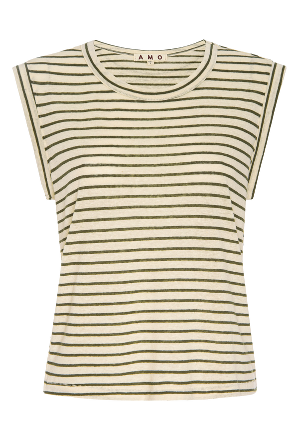 An off white sleeveless tee with brown stripes. Transparent background.