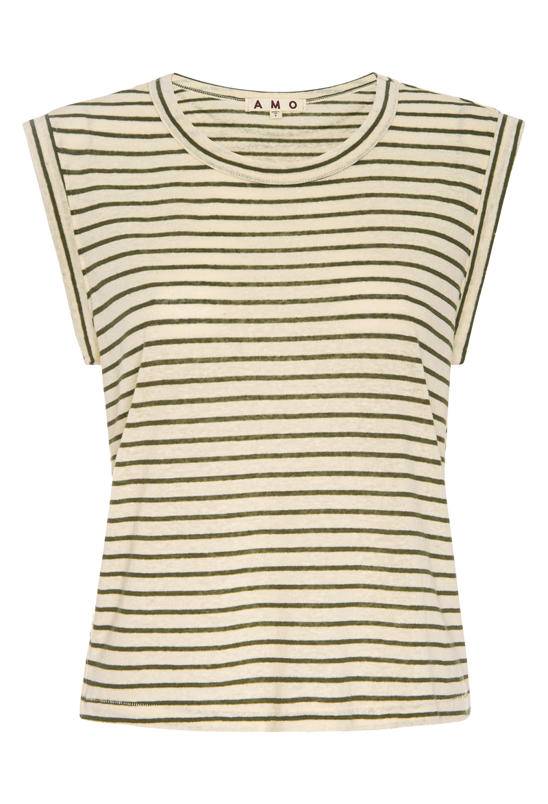 An off white sleeveless tee with brown stripes. Transparent background.