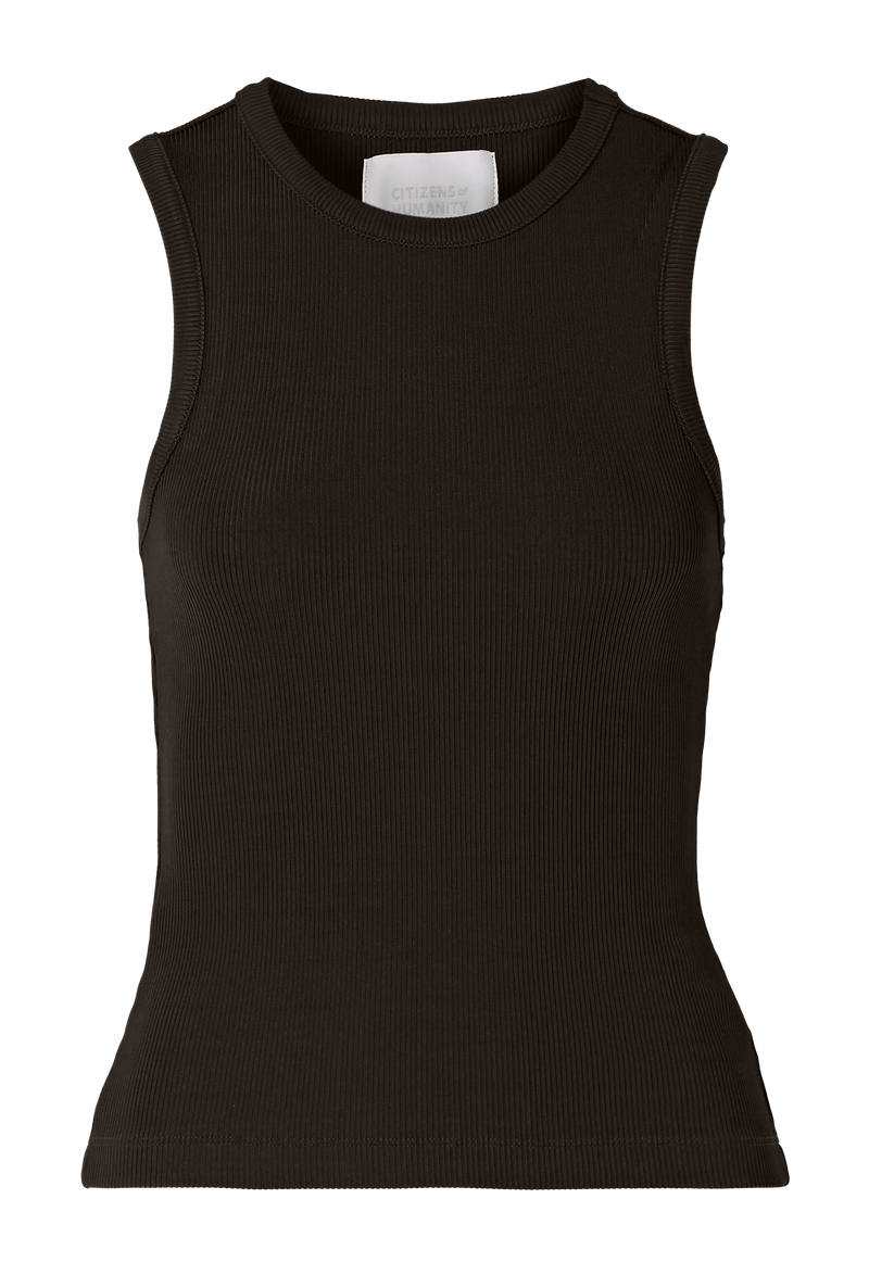 Chocolate brown ribbed racerback tank. Transparent background.