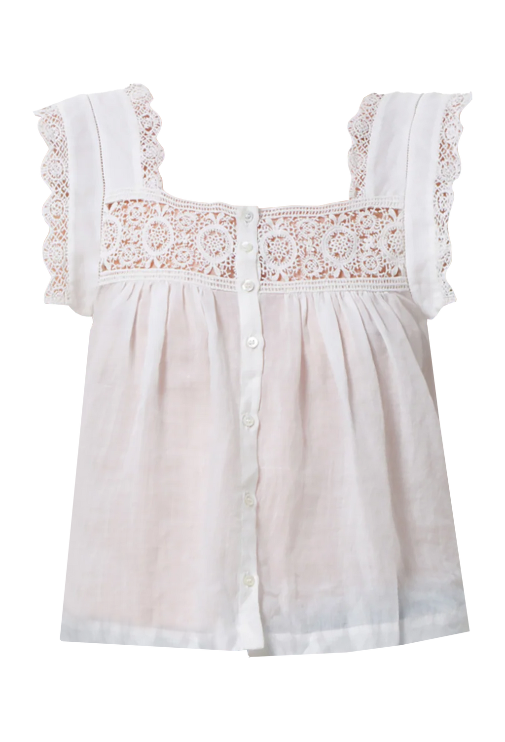 White square neck top with lace detailing around the front and sleeves. The top buttons up at the front. Transparent background.