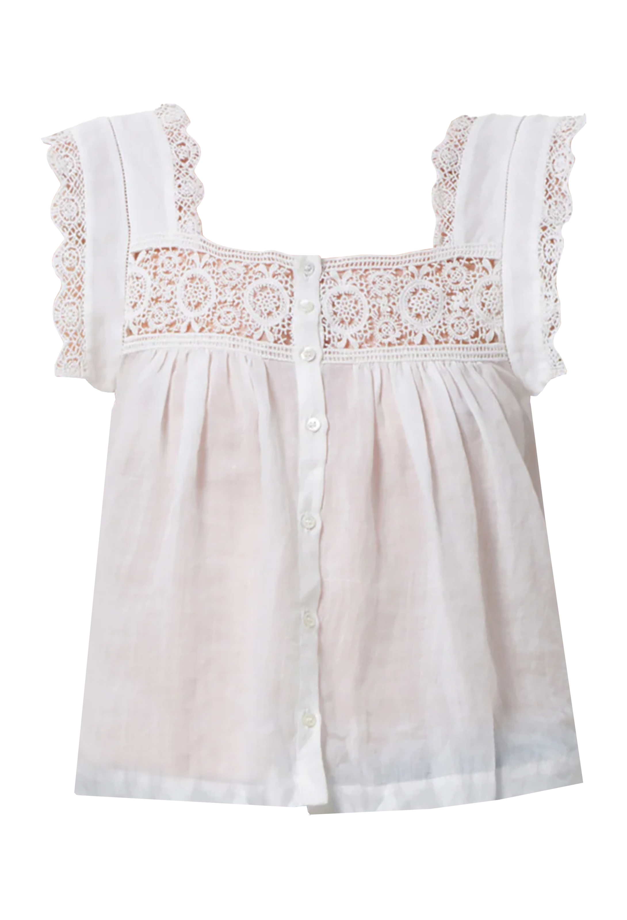 White square neck top with lace detailing around the front and sleeves. The top buttons up at the front. Transparent background.