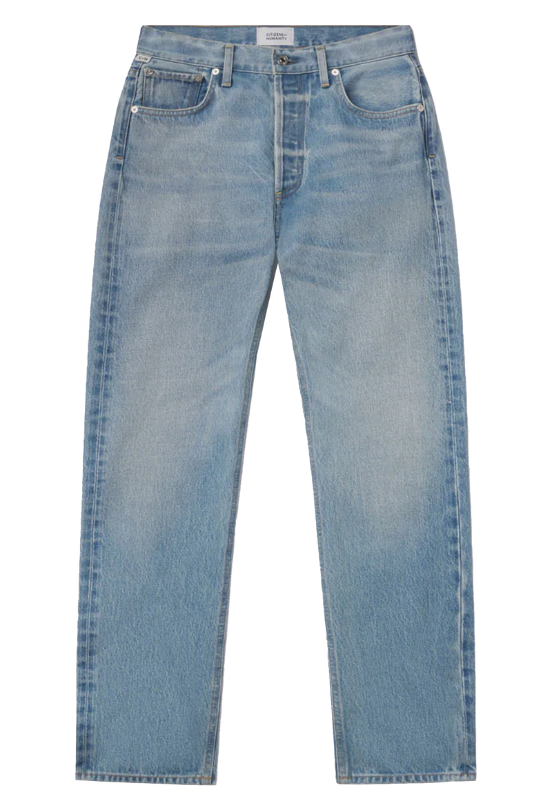Light wash straight leg blue jeans. Transparent background.