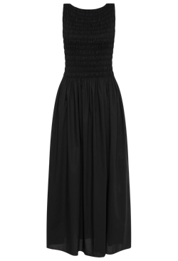 A black midi dress with a shirred bodice and rounded neckline. Transparent background.