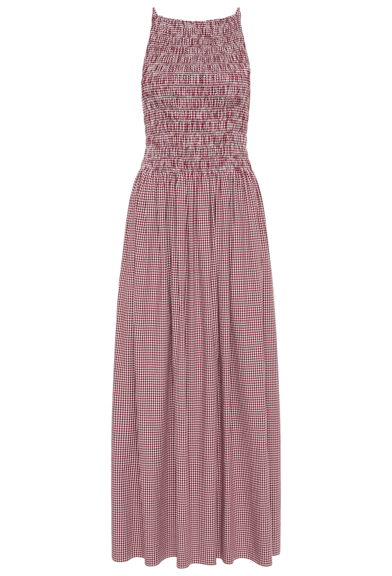 A red and white gingham printed midi dress with a shirred bodice and rounded neckline. Transparent background.