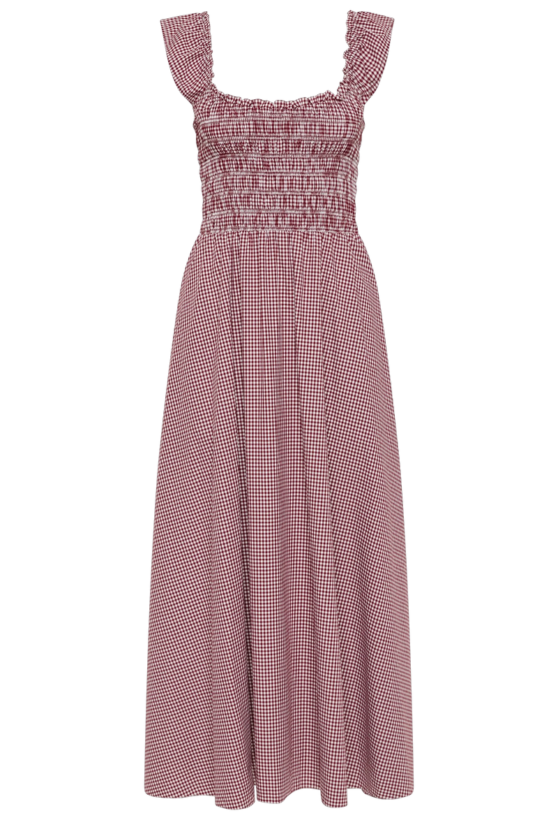 Red and white gingham print midi dress with short flutter sleeves and a shirred bodice. Transparent background.