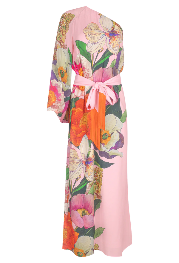 One shoulder long pink dress with tie waist and printed flowers. Set against a checkered background. 