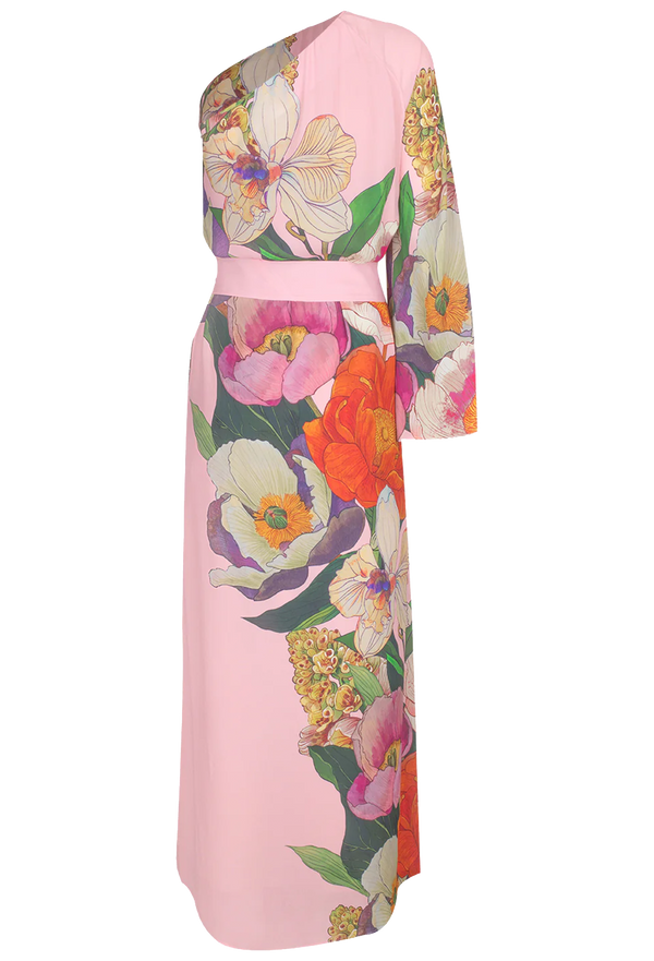 One shoulder long pink dress with tie waist and printed flowers. Set against a checkered background. 