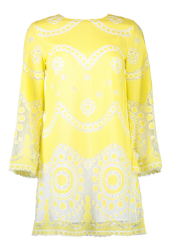 Yellow and white long sleeves dress with fluted sleeves and A-line skirt. Transparent background.
