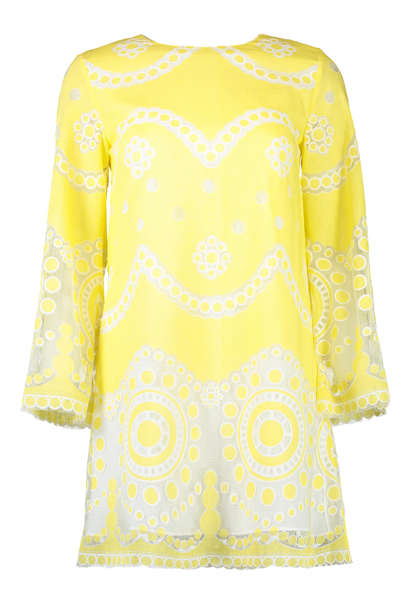 Yellow and white long sleeves dress with fluted sleeves and A-line skirt. Set against a checkered background. 