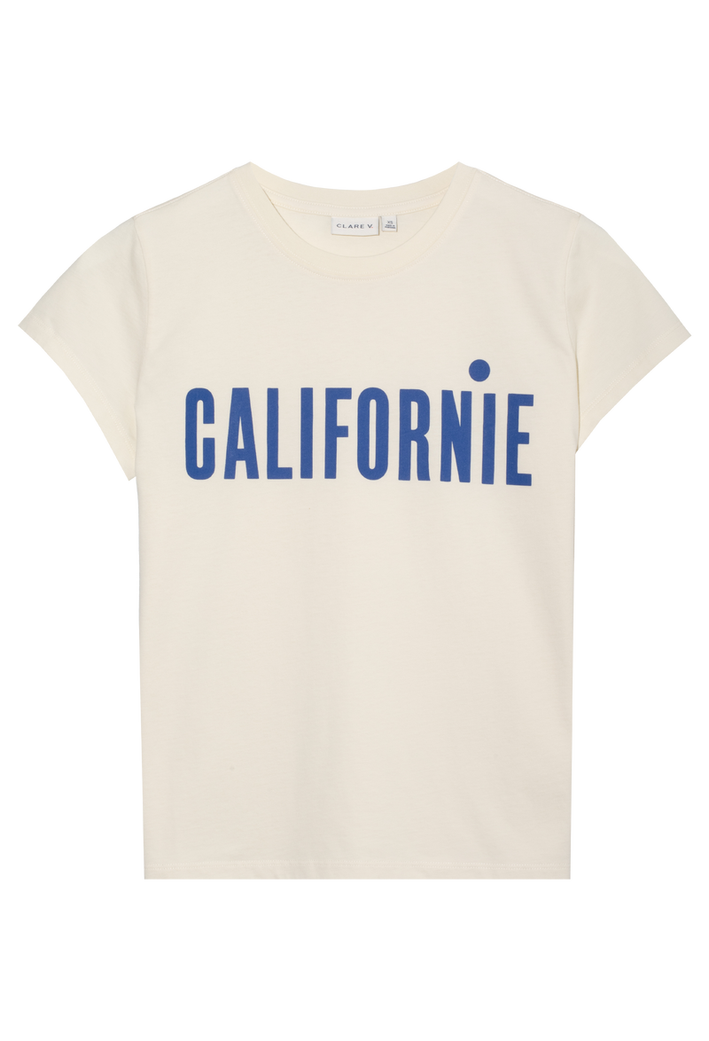 A white tee shirt with californie printed in blue lettering on a transparent background