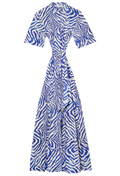 Blue and white long collared, belted dress with short sleeves. Transparent background.