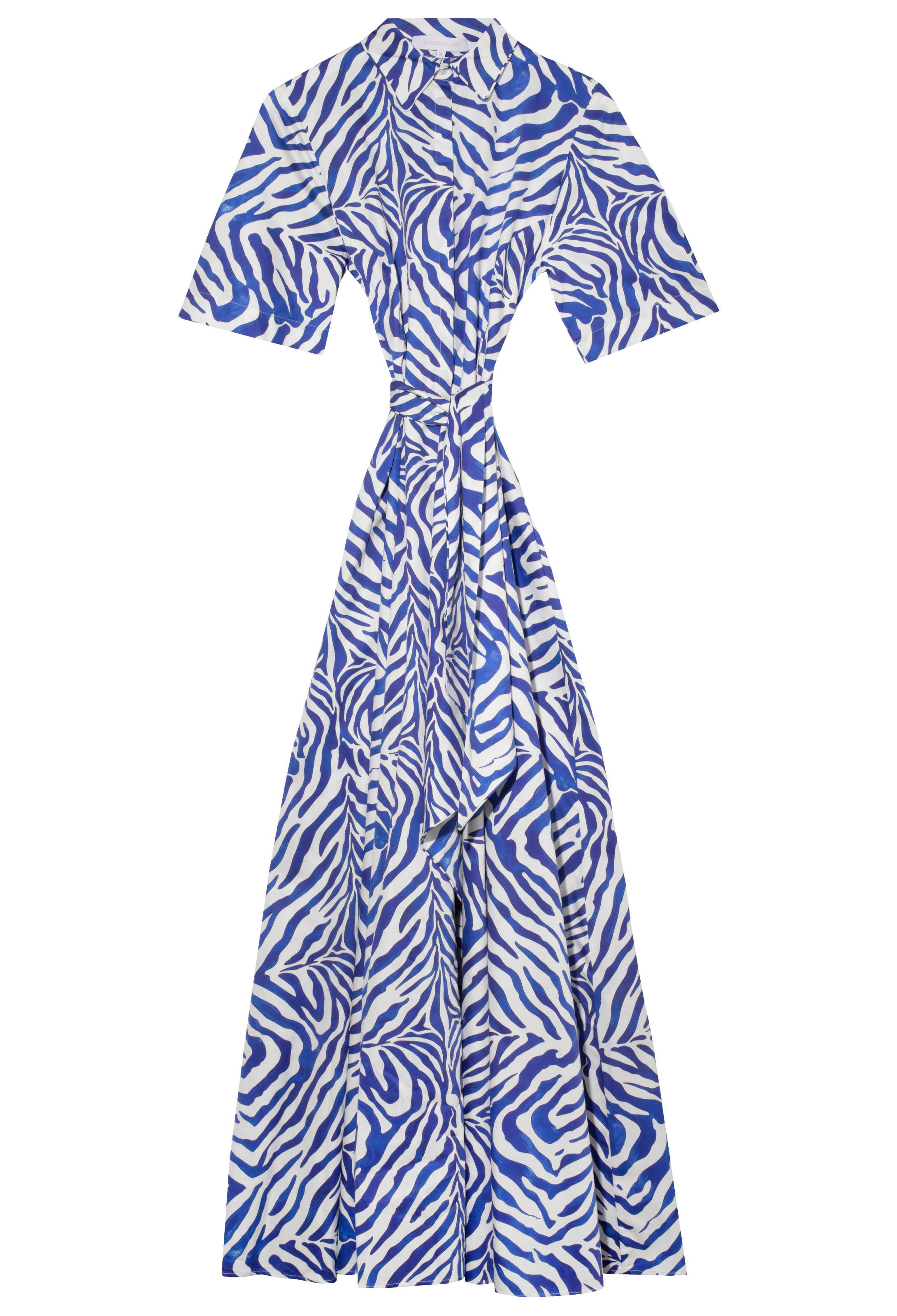 Blue and white long collared, belted dress with short sleeves. Transparent background.