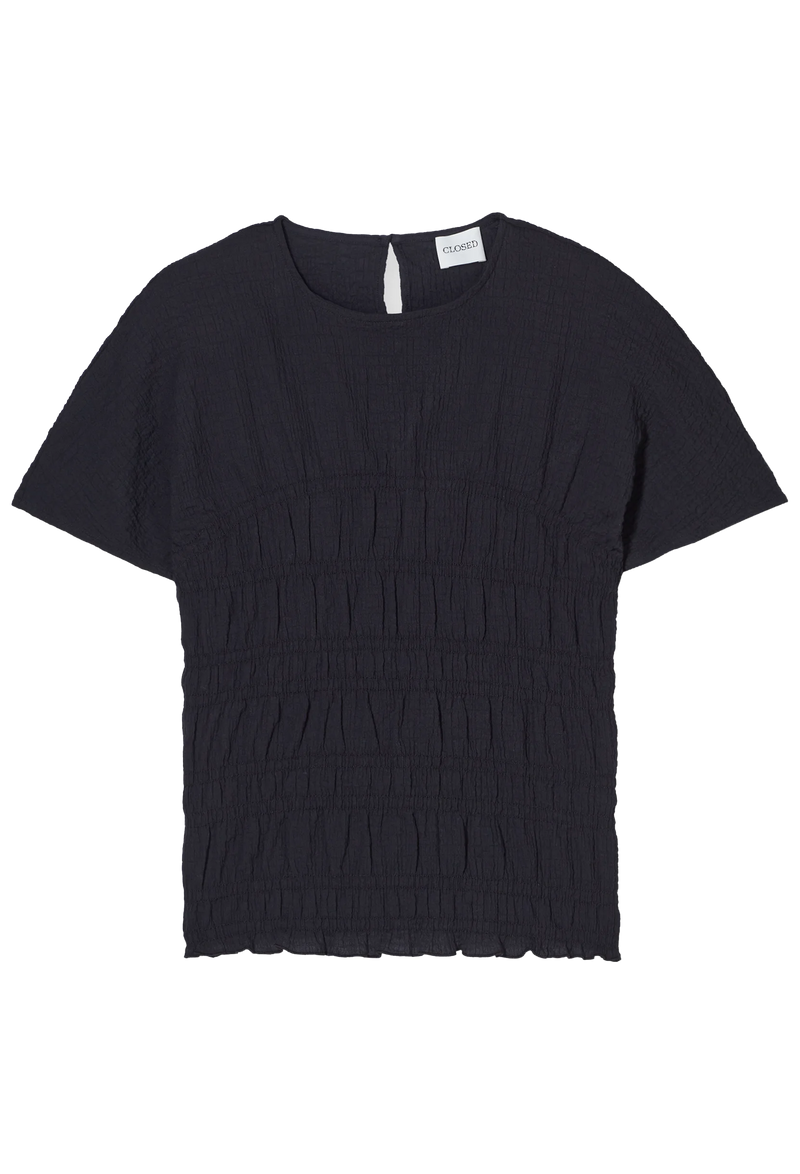 Black textured crinkle short sleeve top with button closure. Transparent background.