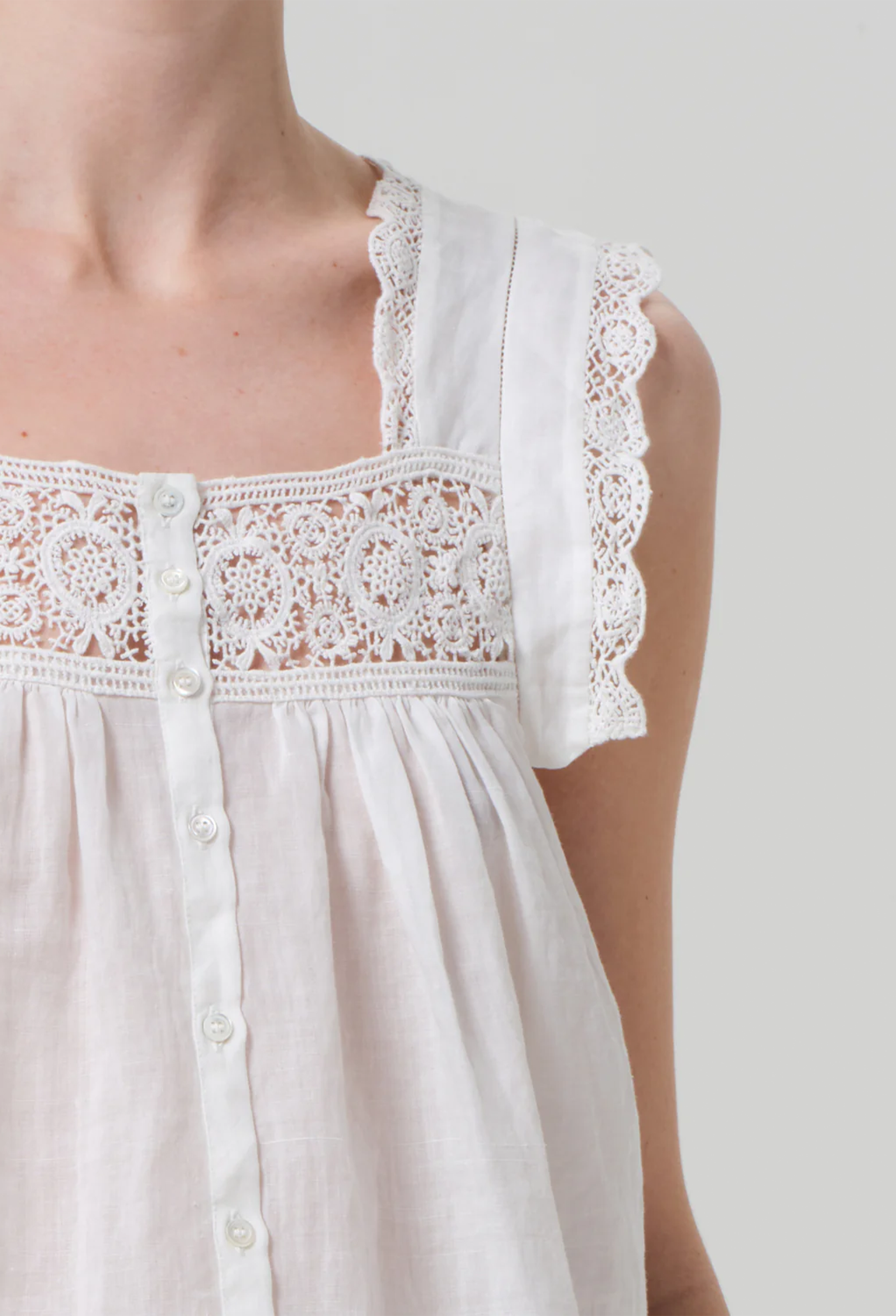 Model wears white square neck top with lace detailing around the front and sleeves. Top buttons up at the front. Photo captures her upper right side. White background.