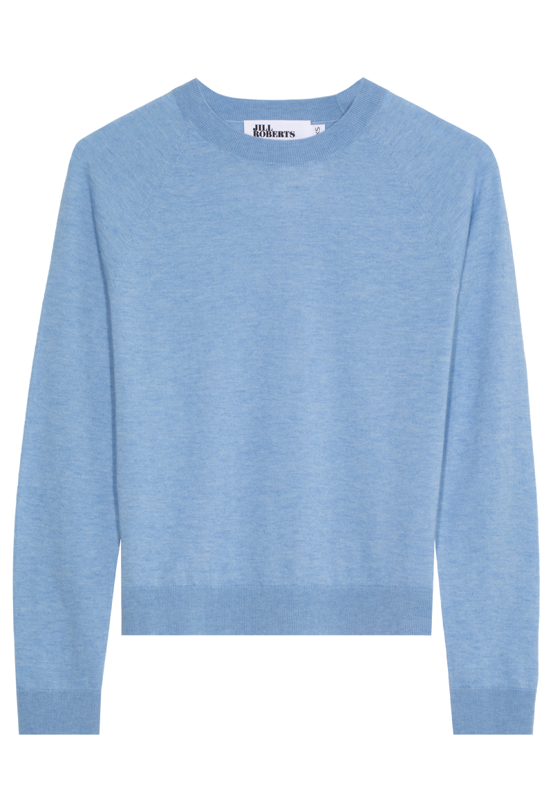 a heathered blue long sleeve cashmere crewneck. transparent background