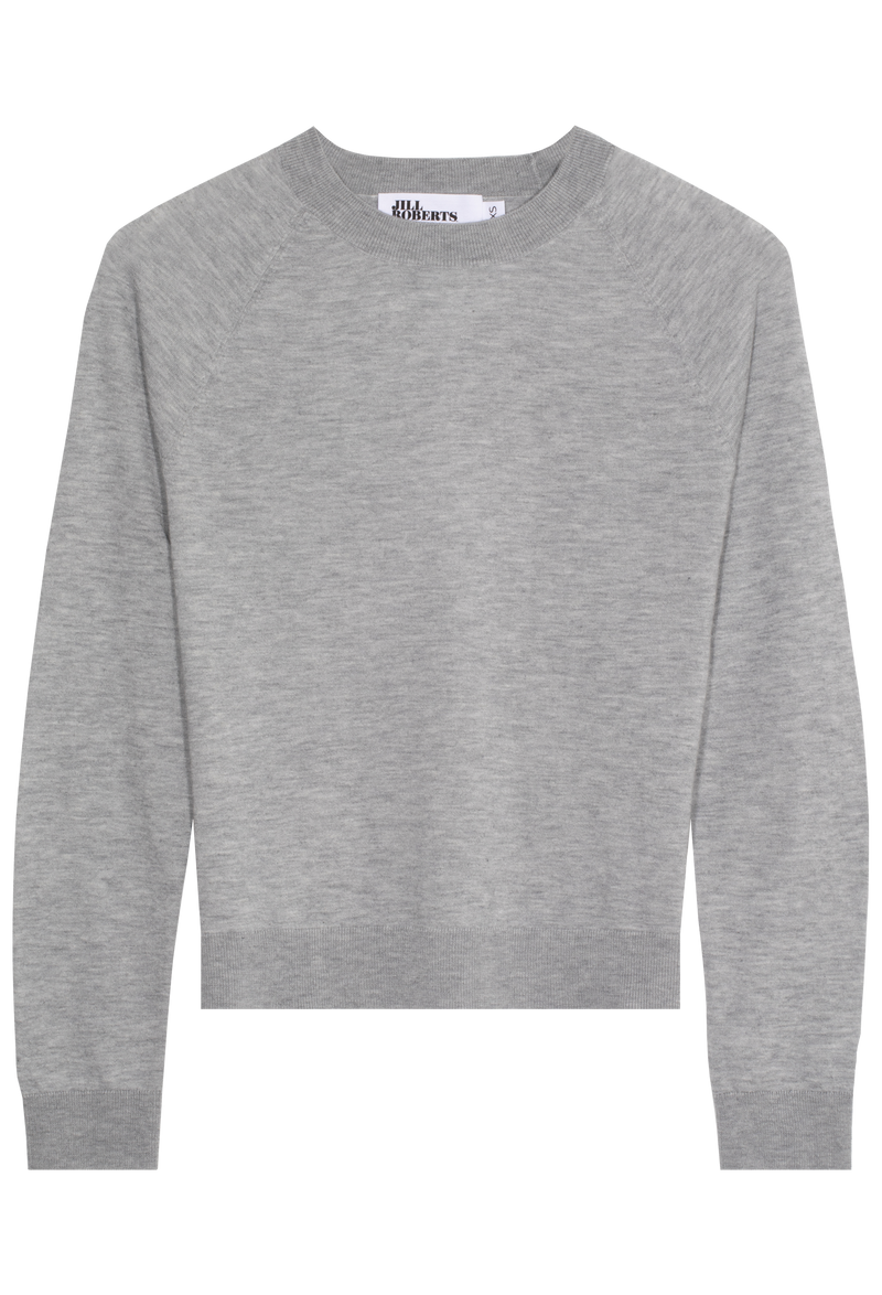 a heathered grey long sleeve cashmere crewneck. transparent background