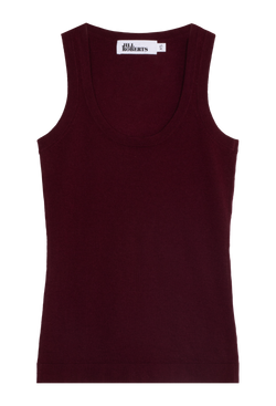 A dark wine-red colored cashmere racer back tank top. Transparent background.