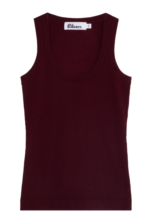 A dark wine-red colored cashmere racer back tank top. Transparent background.