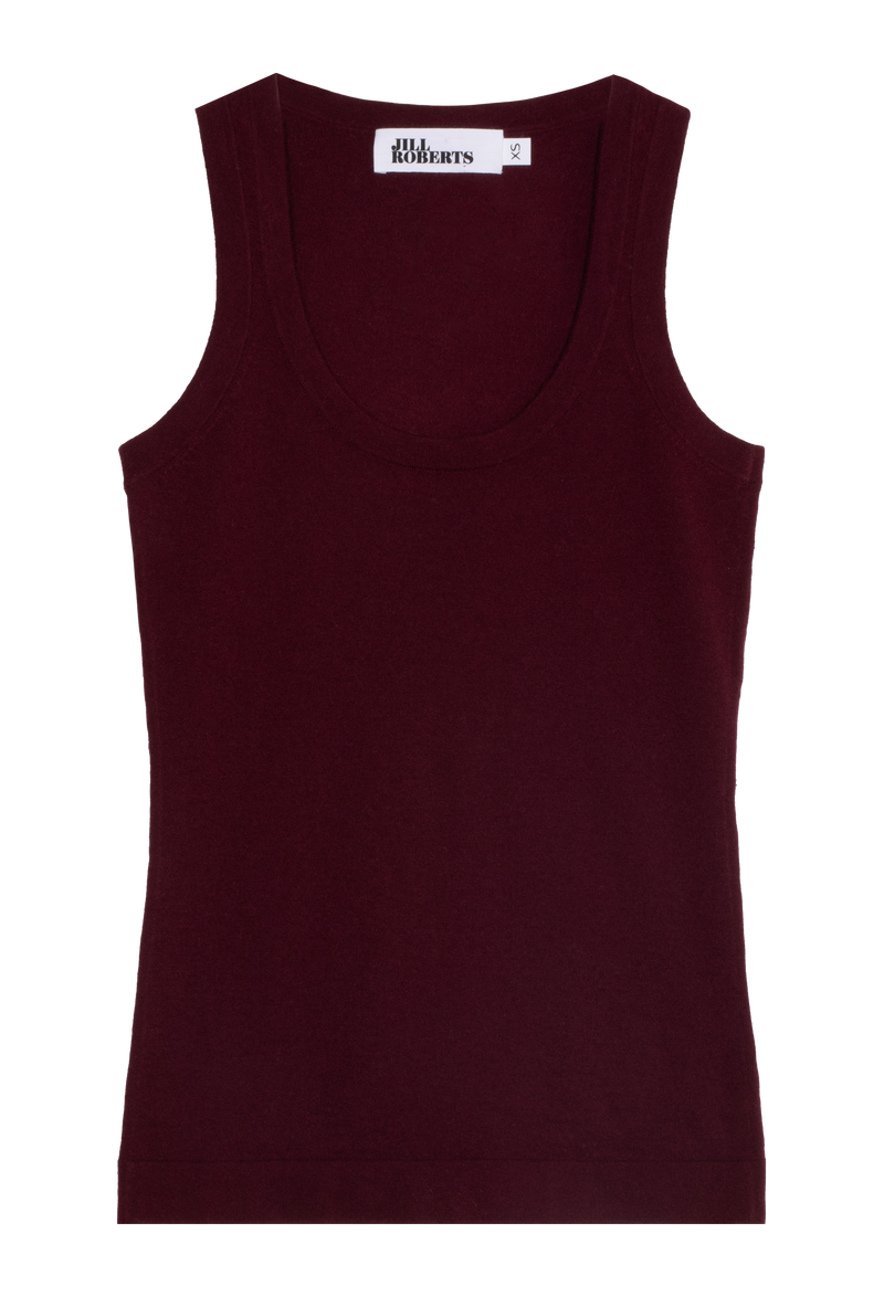 A dark wine-red colored cashmere racer back tank top. Transparent background.