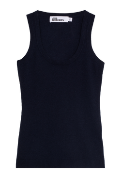 A dark blue cashmere racer back tank top. Transparent background.