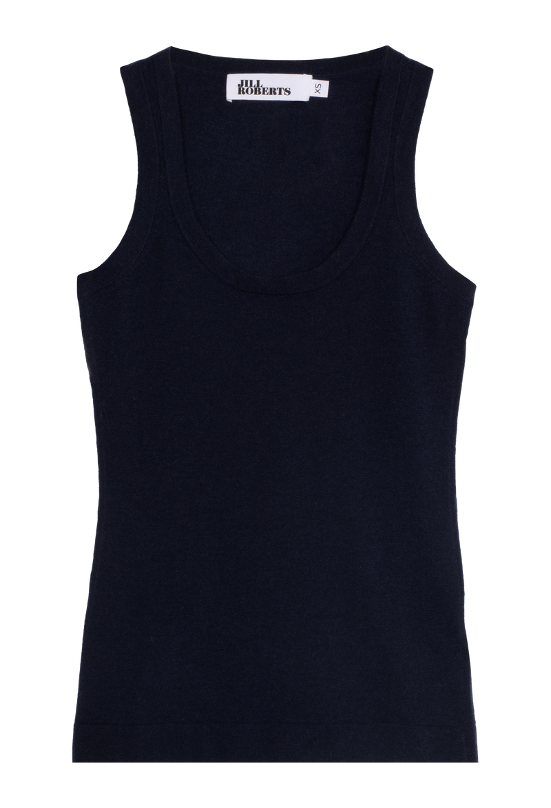 A dark blue cashmere racer back tank top. Transparent background.