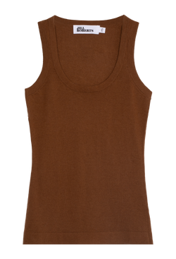 A rust brown cashmere racer back tank top. Transparent background.