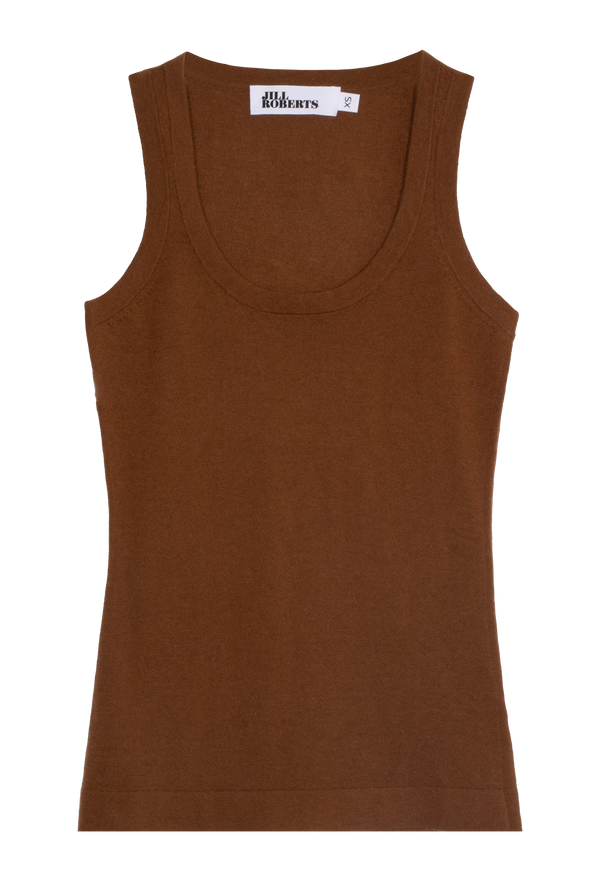A rust brown cashmere racer back tank top. Transparent background.