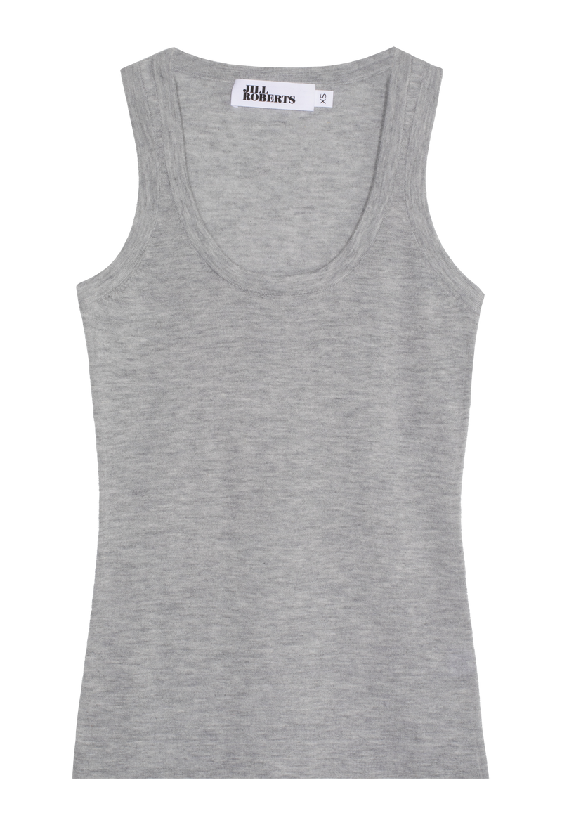 A heathered grey cashmere racer back tank top. Transparent background.