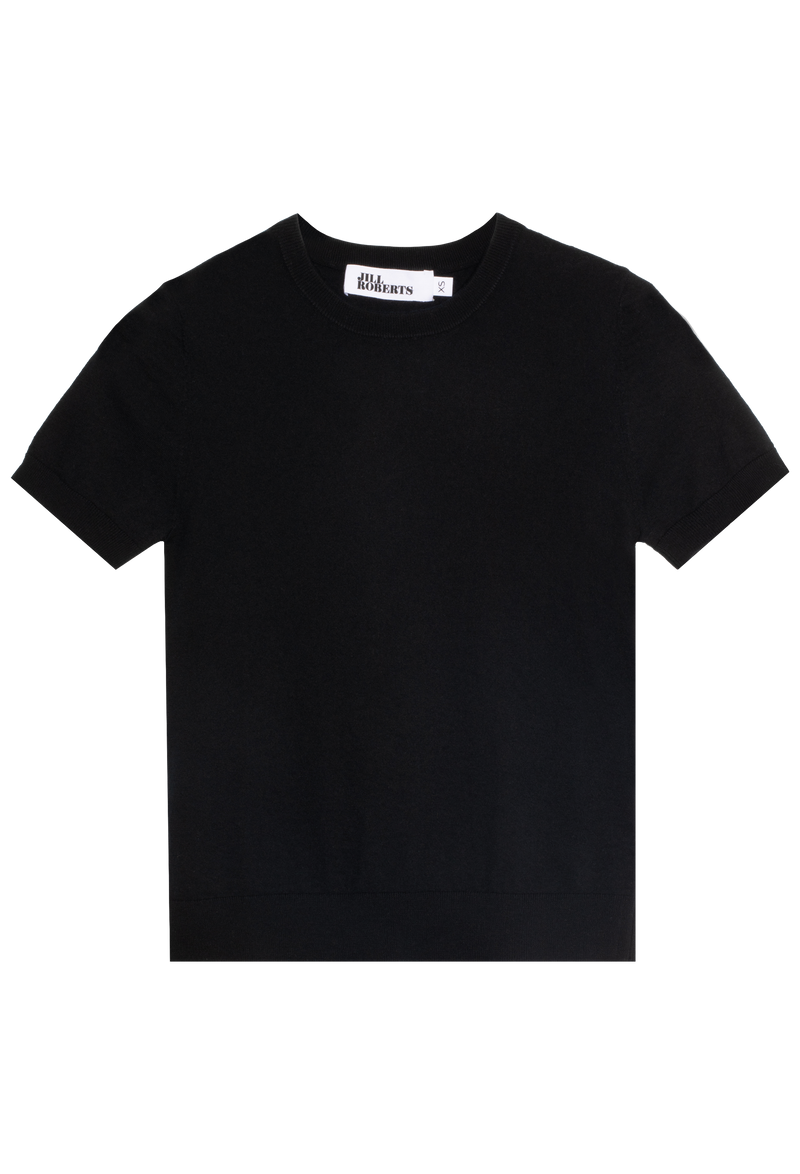 A black cashmere short sleeve crewneck. Transparent background.
