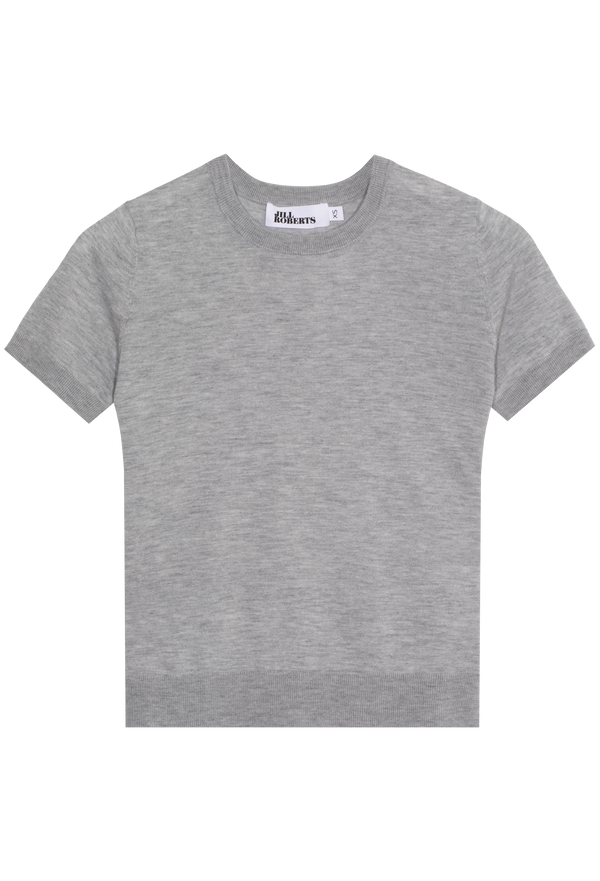 A heathered grey cashmere short sleeve crewneck. Transparent background.