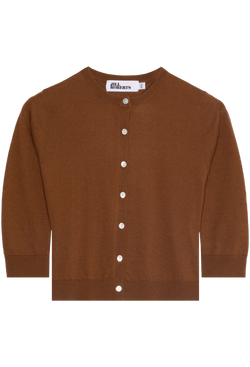 A rust brown cashmere cropped cardigan with seven shiny white buttons and 3/4 sleeves. Transparent background.