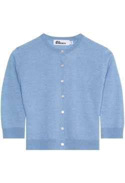A heathered blue cashmere cropped cardigan with seven shiny white buttons and 3/4 sleeves. Transparent background.