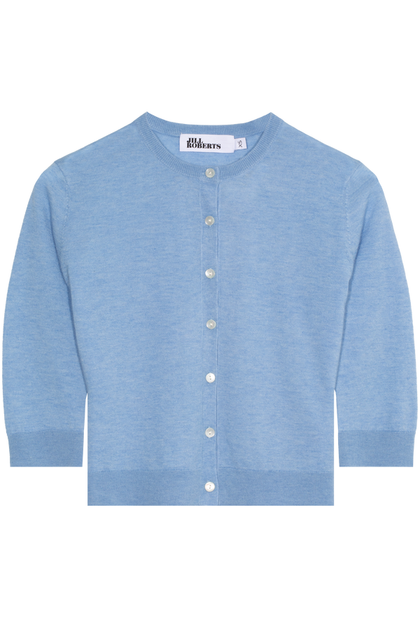 A heathered blue cashmere cropped cardigan with seven shiny white buttons and 3/4 sleeves. Transparent background.