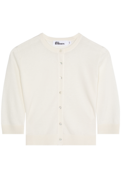 An eggshell cashmere cropped cardigan with seven shiny white buttons and 3/4 sleeves. Transparent background.