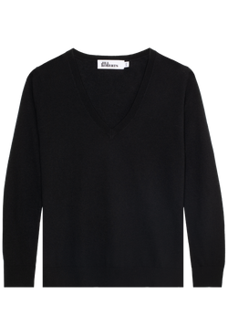 A black v-neck cashmere sweater. Transparent background.