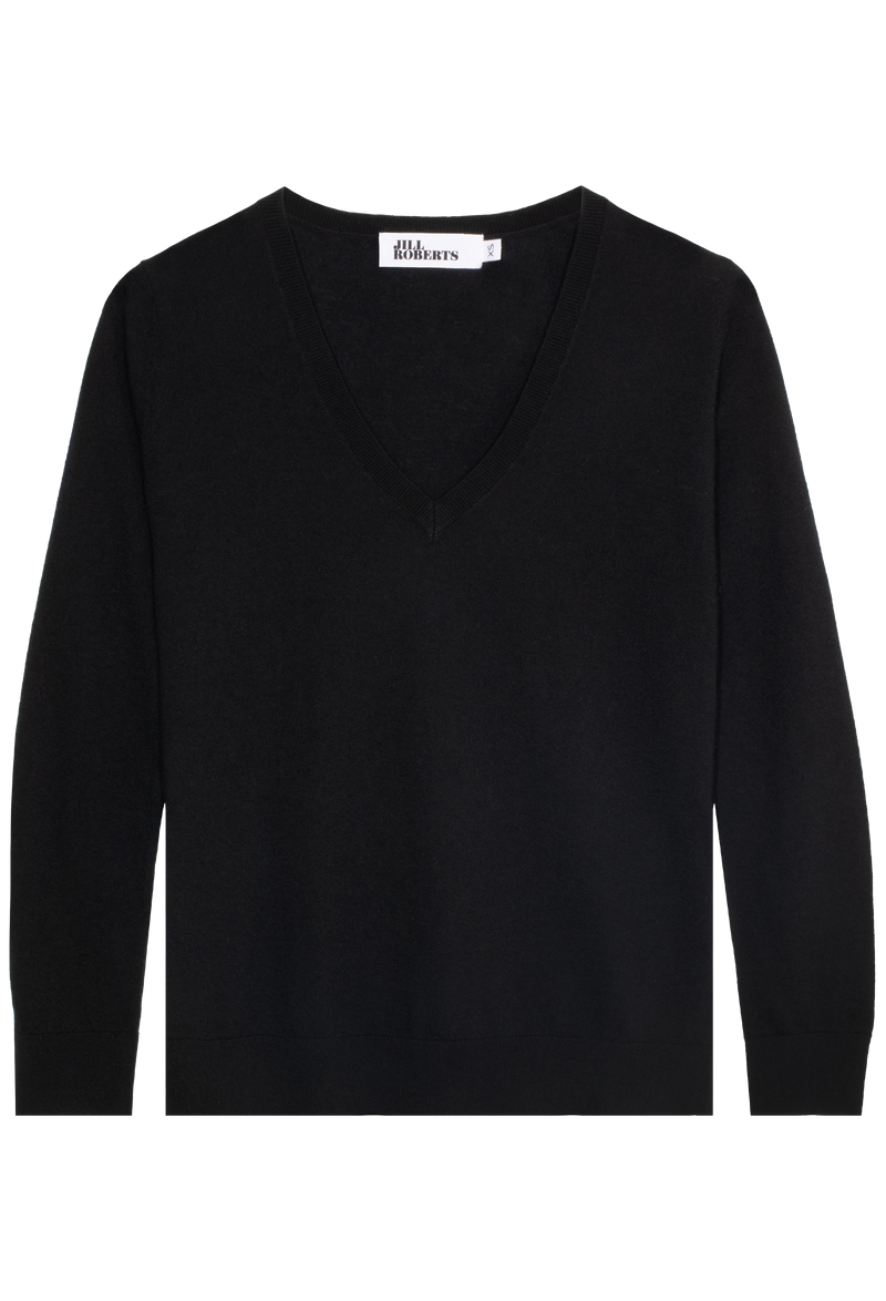A black v-neck cashmere sweater. Transparent background.