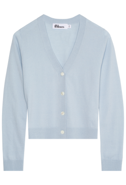 A light blue v-neck cashmere cardigan with four white buttons. Transparent background.