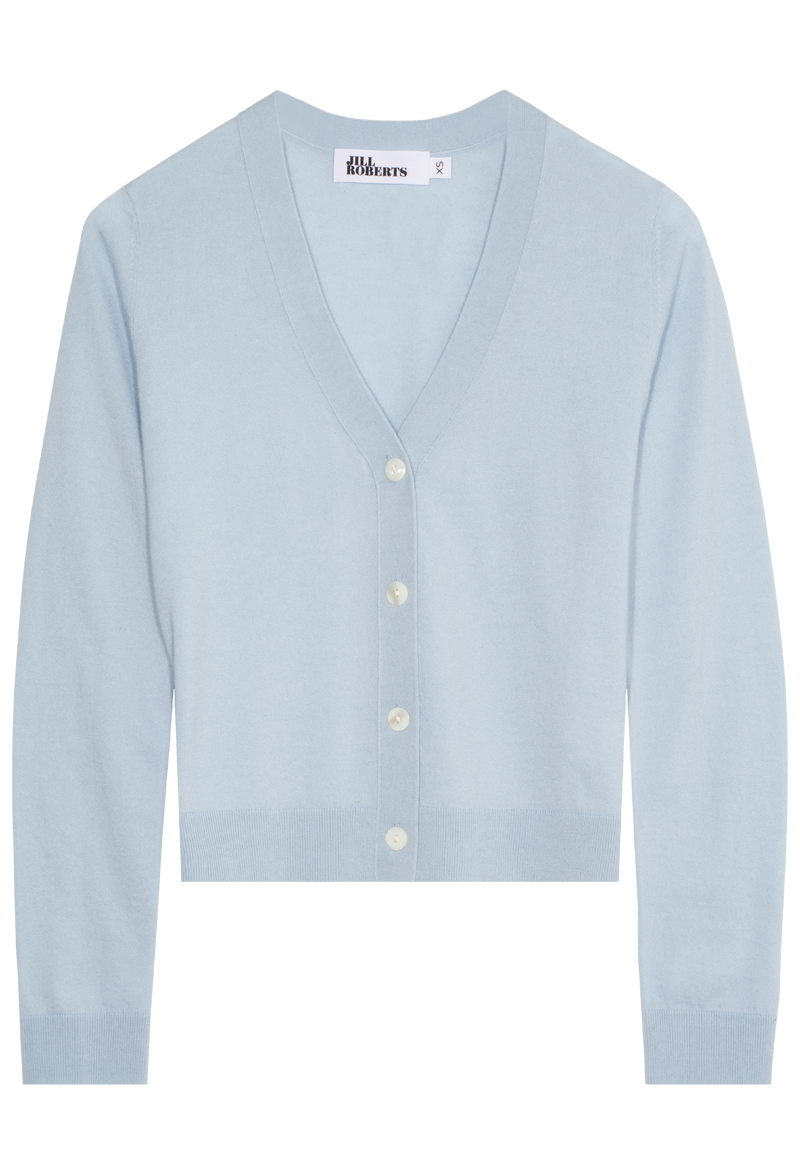 A light blue v-neck cashmere cardigan with four white buttons. Transparent background.