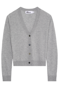 A heathered grey v-neck cashmere cardigan with four silver buttons. Transparent background.