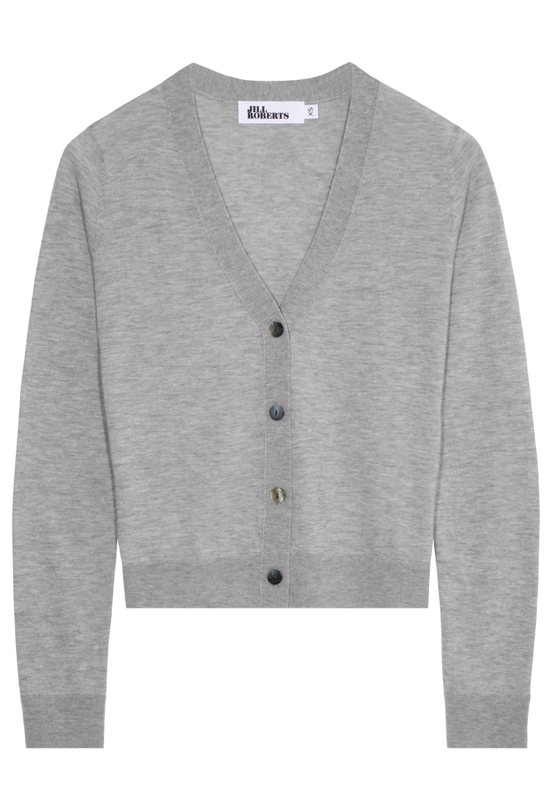 A heathered grey v-neck cashmere cardigan with four silver buttons. Transparent background.