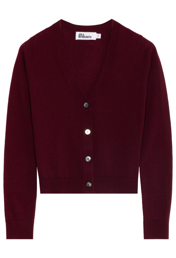 A dark wine-red v-neck cashmere cardigan with four silver buttons. Transparent background.