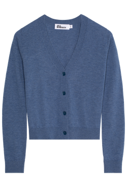 A heathered medium blue v-neck cashmere cardigan with four blue buttons. Transparent background.