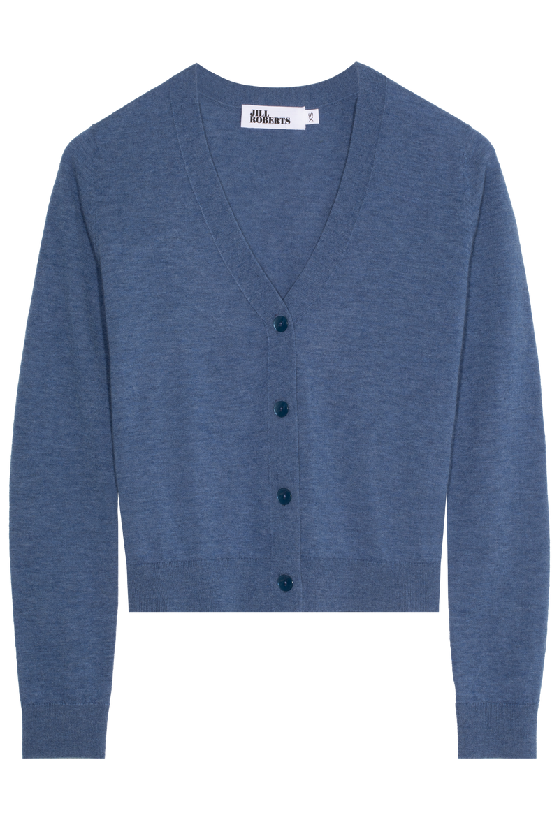A heathered medium blue v-neck cashmere cardigan with four blue buttons. Transparent background.