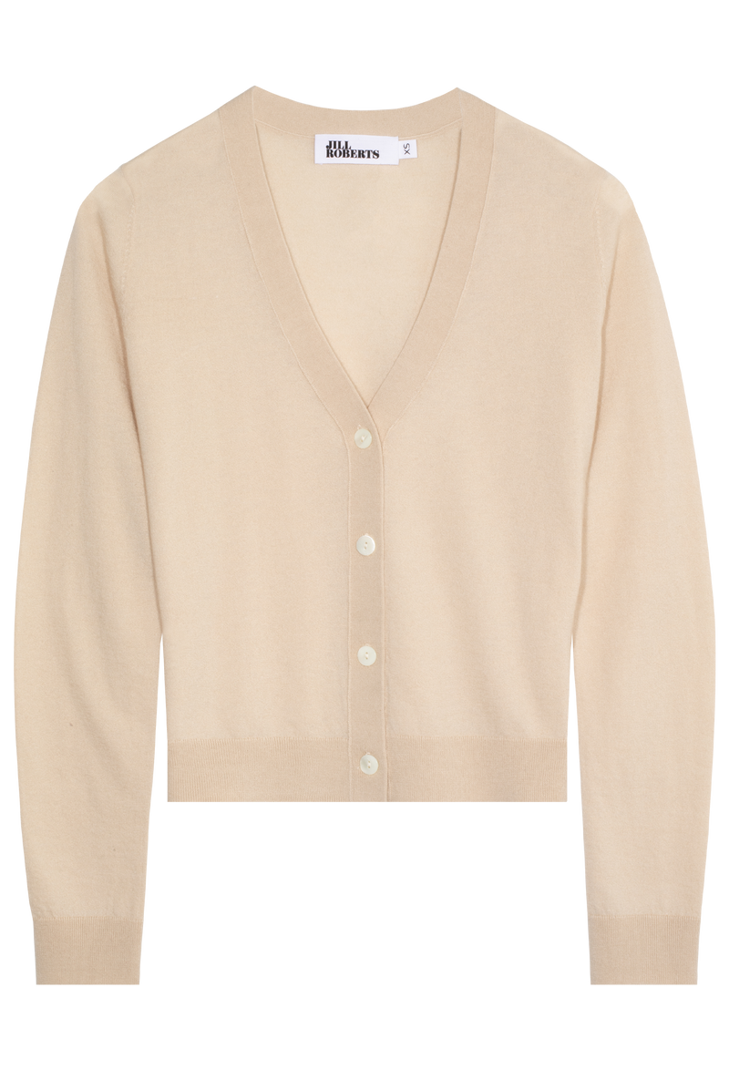 A light beige v-neck cashmere cardigan with four white buttons. Transparent background.